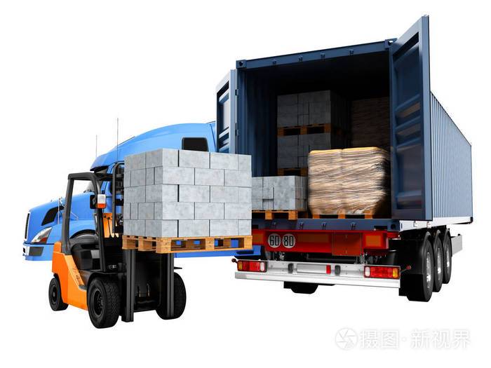 现代概念的装卸货物从蓝色拖拉机与卡车的建筑材料和叉车与托盘, 独立
